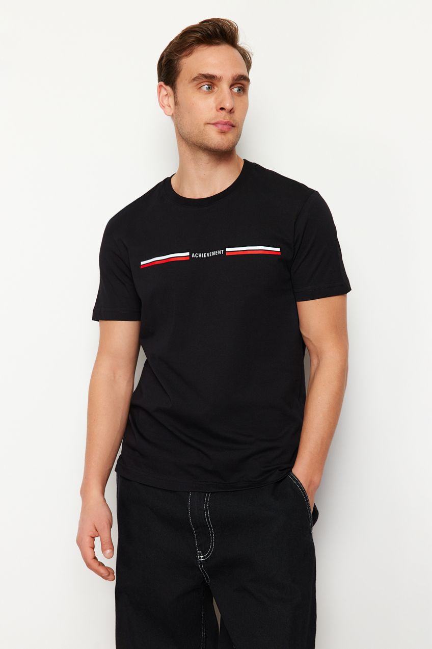 Trendyol Black Regular Cut Stripe Patterned 100% Cotton T-shirt