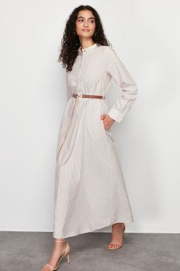 Trendyol Beige Striped Belt Detailed Woven Dress