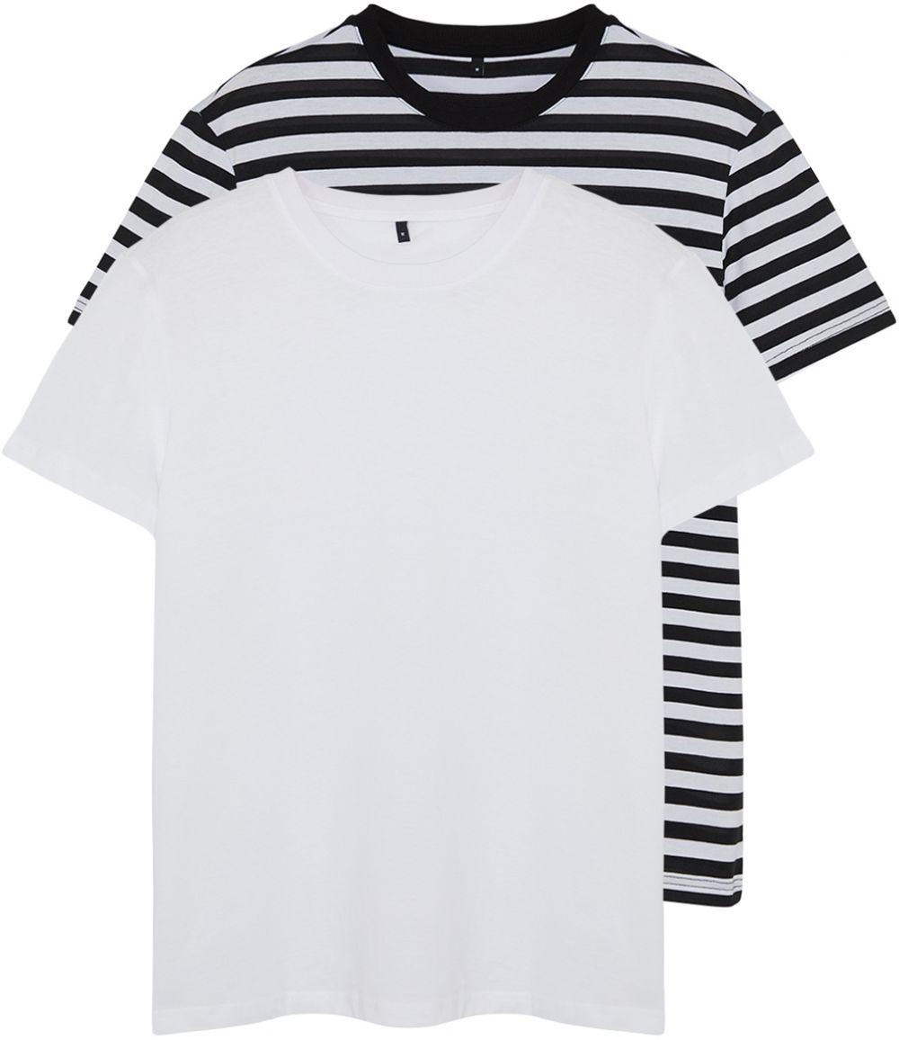 Trendyol White-Black Striped Basic Regular/Normal Cut 2-Pack Short Sleeve T-Shirt