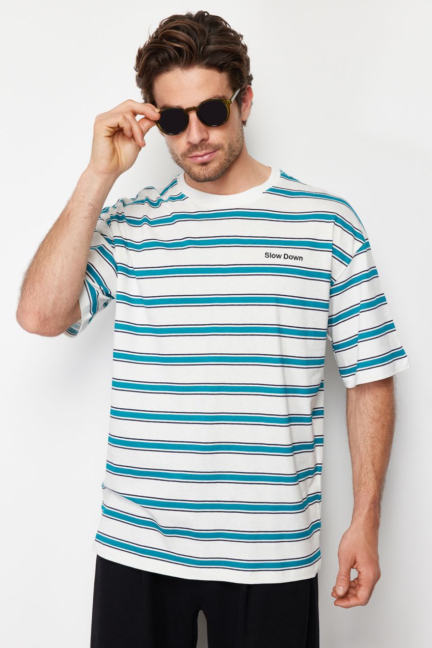 Trendyol Green Oversize Embroidered Striped 100% Cotton T-Shirt