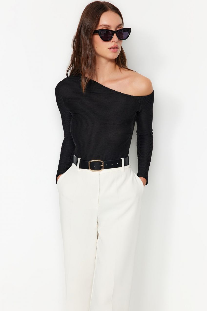 Trendyol Black Jacquard Fitted Asymmetrical Collar Knitted Bodysuit
