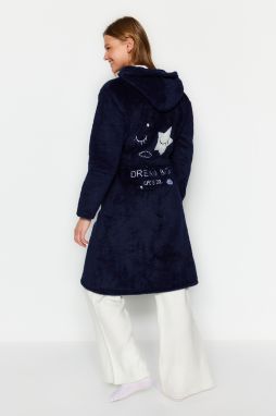 Trendyol Navy Blue Belted Back Embroidery Detailed Hooded Wellsoft Knitted Dressing Gown
