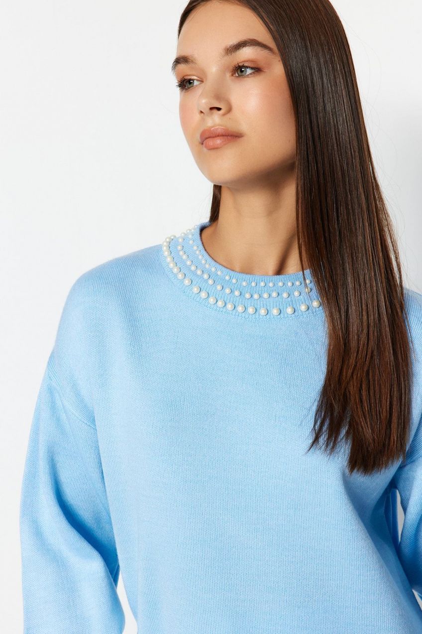 Trendyol Ice Blue Pearl detailný pletený sveter