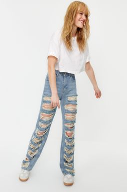 Trendyol Blue Ripped High Waist Wide Leg Jeans