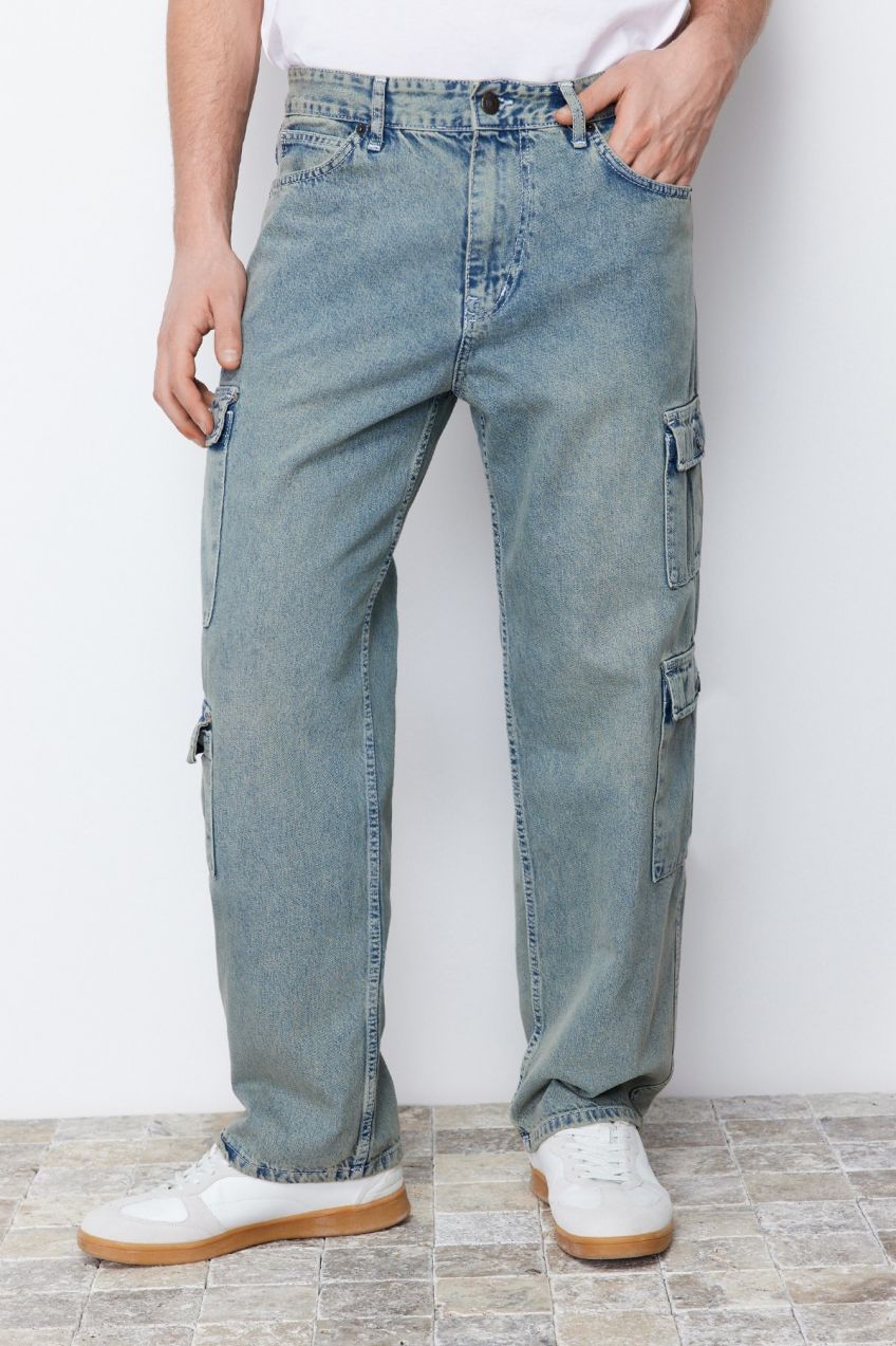 Trendyol Blue Worn Look Cargo Pocket Wide Cut Jeans Loose Denim Trousers