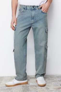 Trendyol Blue Worn Look Cargo Pocket Wide Cut Jeans Loose Denim Trousers