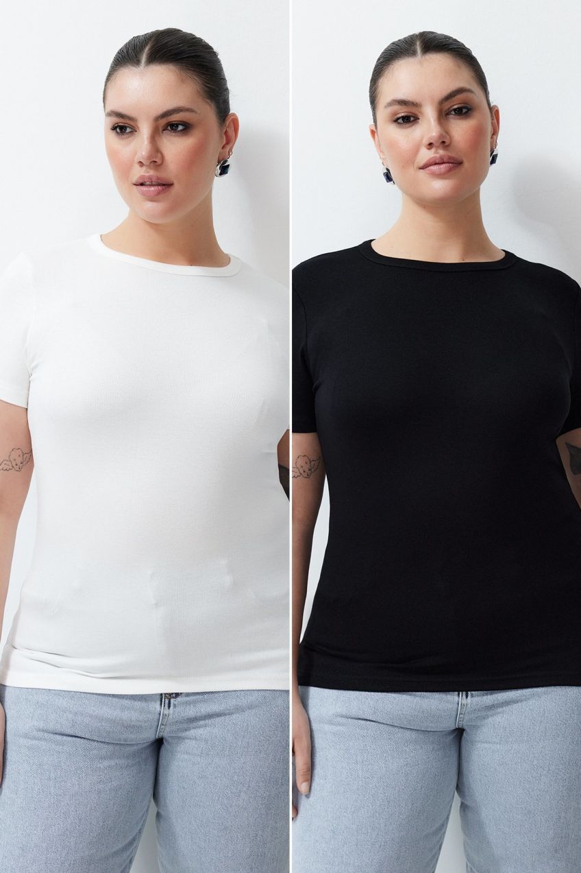 Trendyol Curve Black-Ecru 2 Pack Viscous Flexible Knitted Blouse