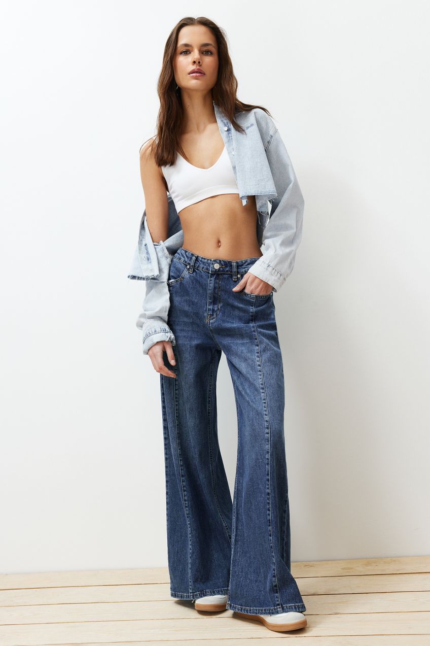 Trendyol Blue Stitching Detailed High Waist Wide Leg Jeans