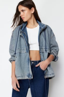 Trendyol modrá oversized džínsová bunda s kapucňou