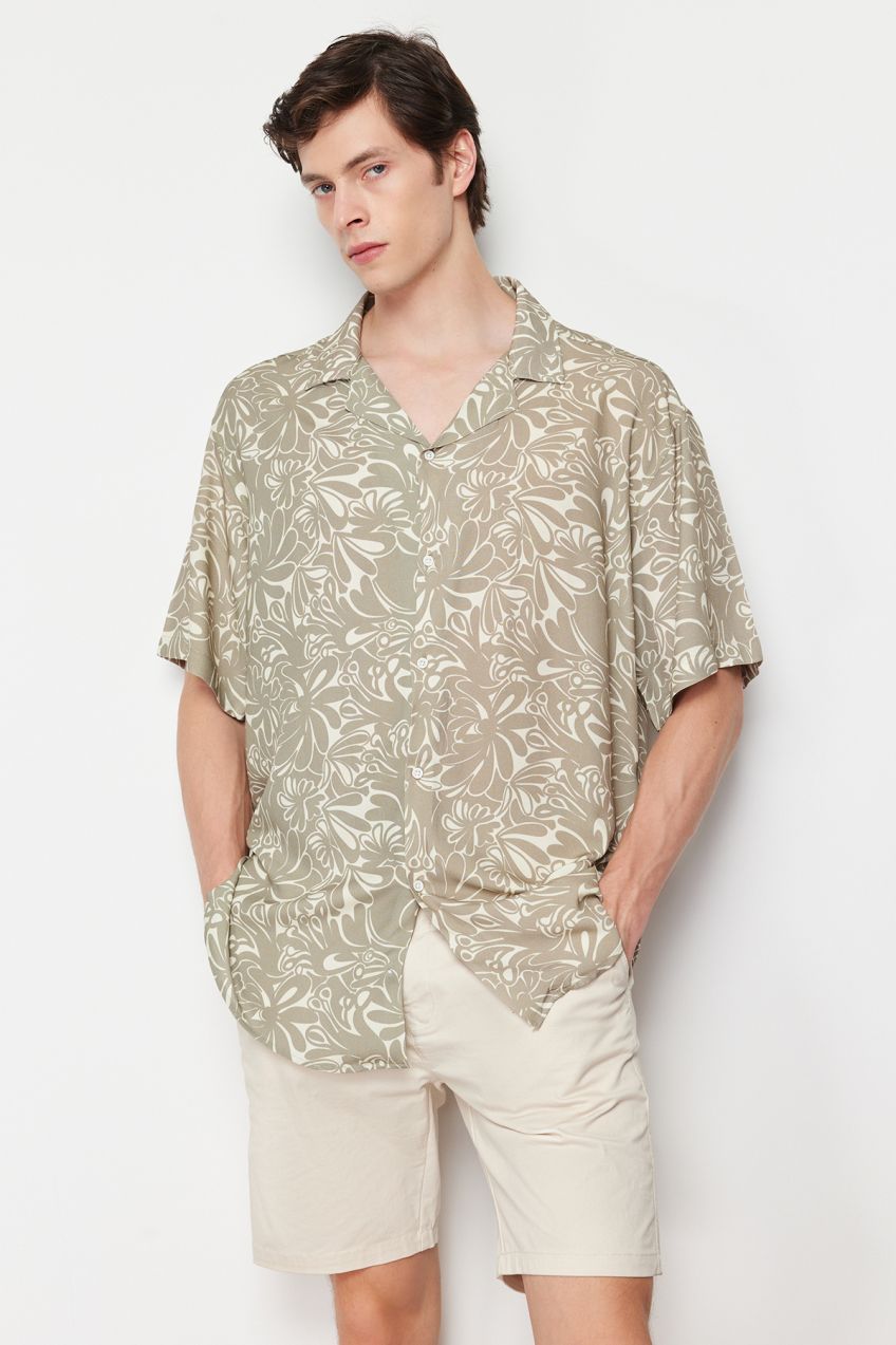 Trendyol Stone Oversize Fit Floral Patterned 100% Viscose Short Sleeve Casual Summer Shirt