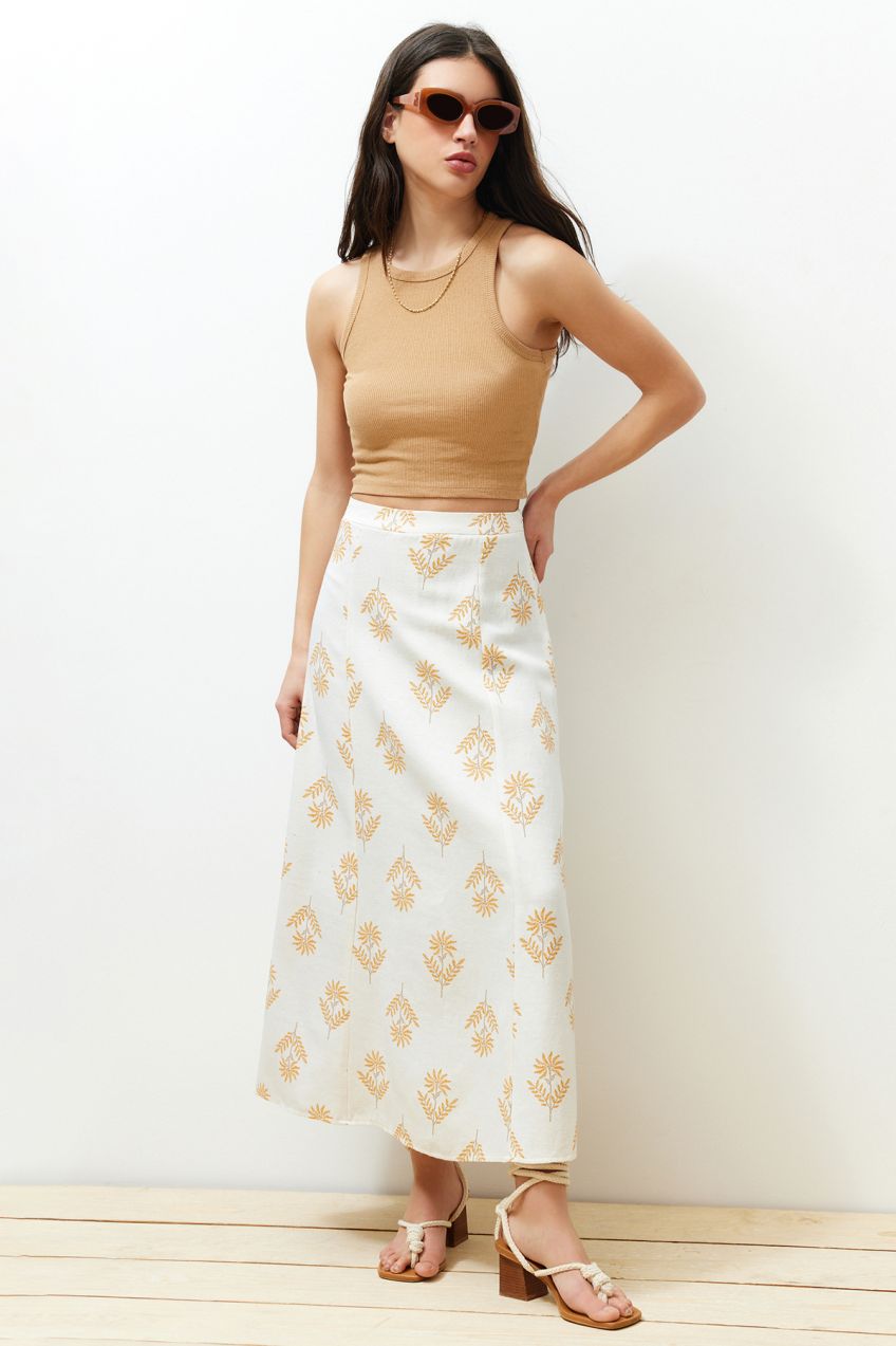 Trendyol Ecru Floral Pattern A-Line Midi Length Woven Linen Blended Skirt