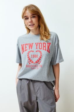 Trendyol Gray Melange City Printed Oversize/Wide Cut Crew Neck Knitted T-Shirt