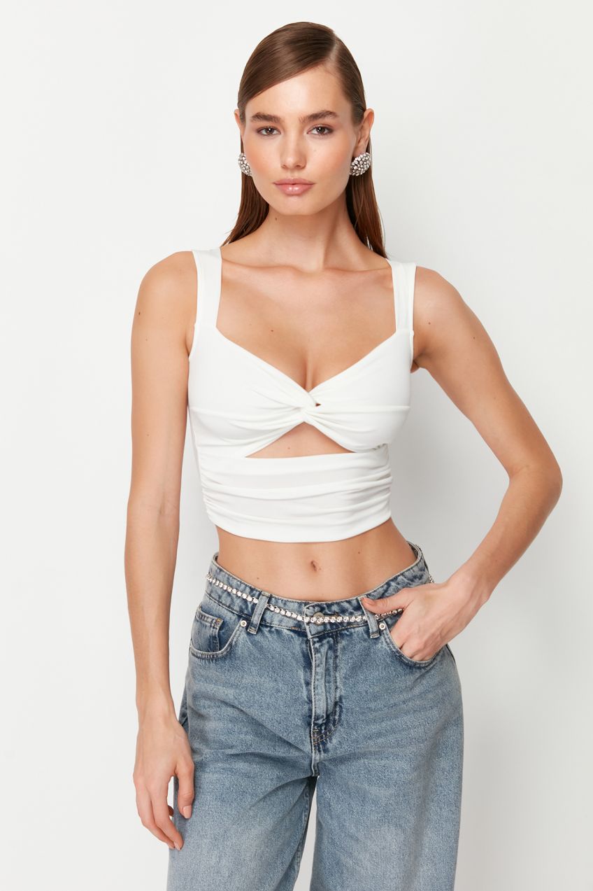 Trendyol White Crop Window/Cut Out Detail Knitted Blouse
