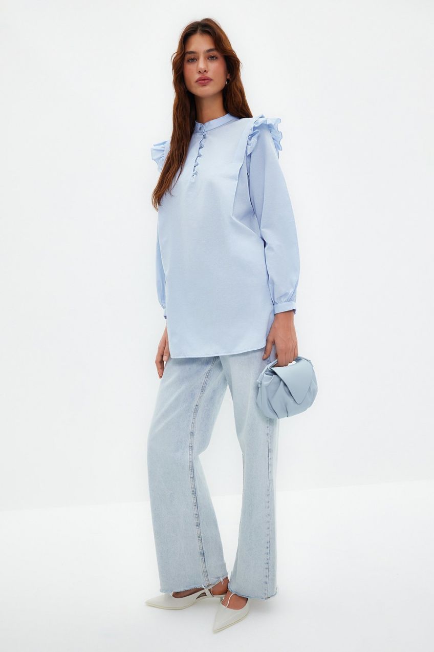 Trendyol Light Blue Ruffle Detailed Cotton Blend Woven Shirt
