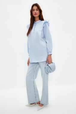 Trendyol Light Blue Ruffle Detailed Cotton Blend Woven Shirt