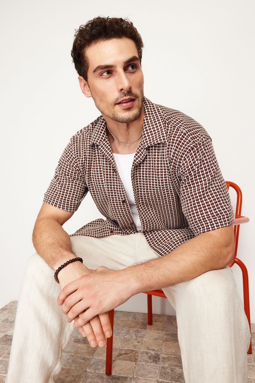 Trendyol Stone Relaxed Fit Open Collar Knitwear Look Comfortable Shirt
