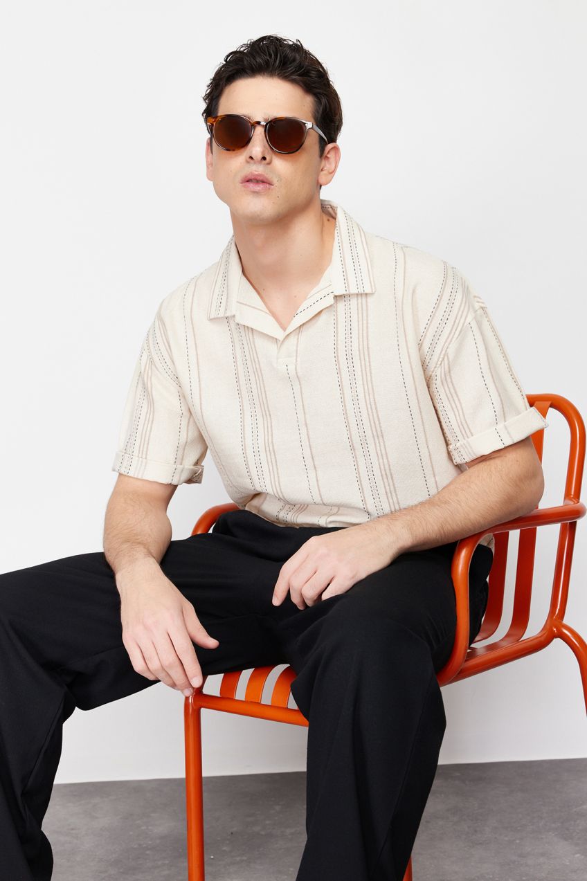 Trendyol Ecru Striped Regular Fit Half Patch Shirt