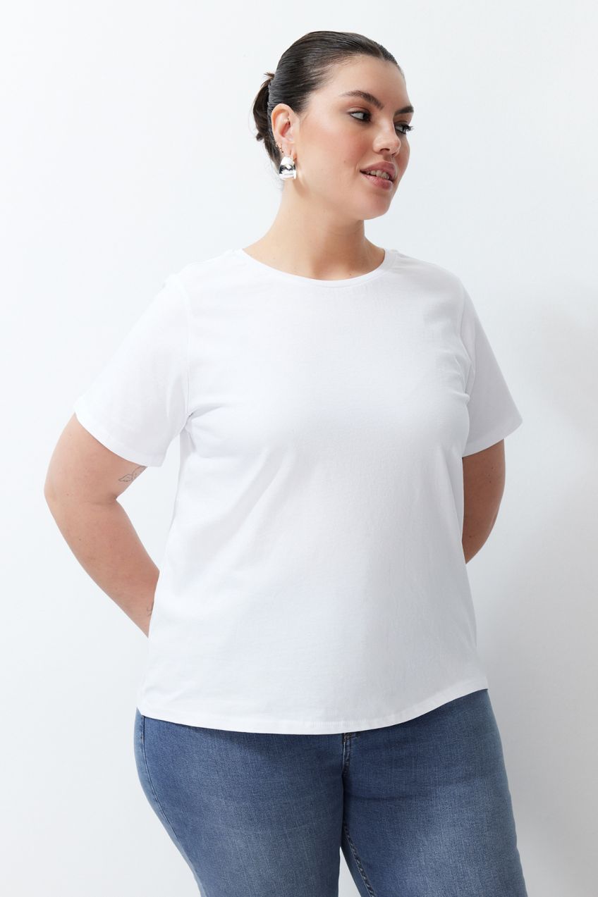 Trendyol Curve Ecru 100% Bavlna Prémiové Oversize/Voľné Tričko s Okrúhlym Výstrihom