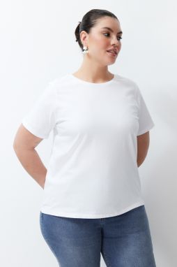 Trendyol Curve Ecru 100% Bavlna Prémiové Oversize/Voľné Tričko s Okrúhlym Výstrihom