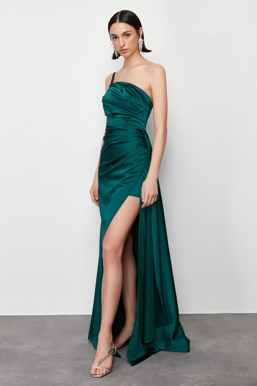 Trendyol Emerald Green Woven Long Evening Evening Dress