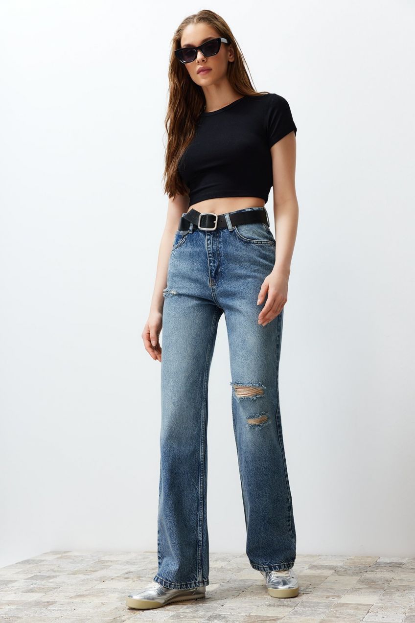Trendyol Blue More Sustainable Ripped High Waist Wide Leg Jeans