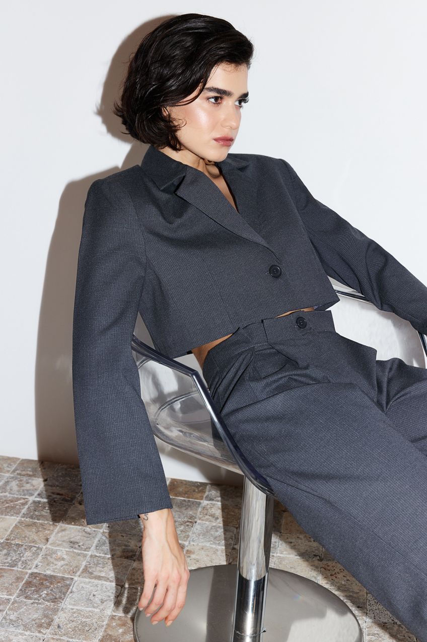 Trendyol Anthracite Crop Pinstripe Polyviscon Woven Blazer Jacket