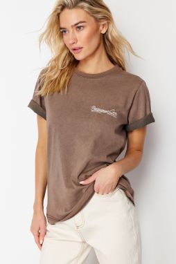 Trendyol Brown Faded Effect Printed Basic Knitted T-Shirt