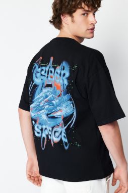 Trendyol Black Oversize/Wide Cut Back Space Printed 100% Cotton T-shirt