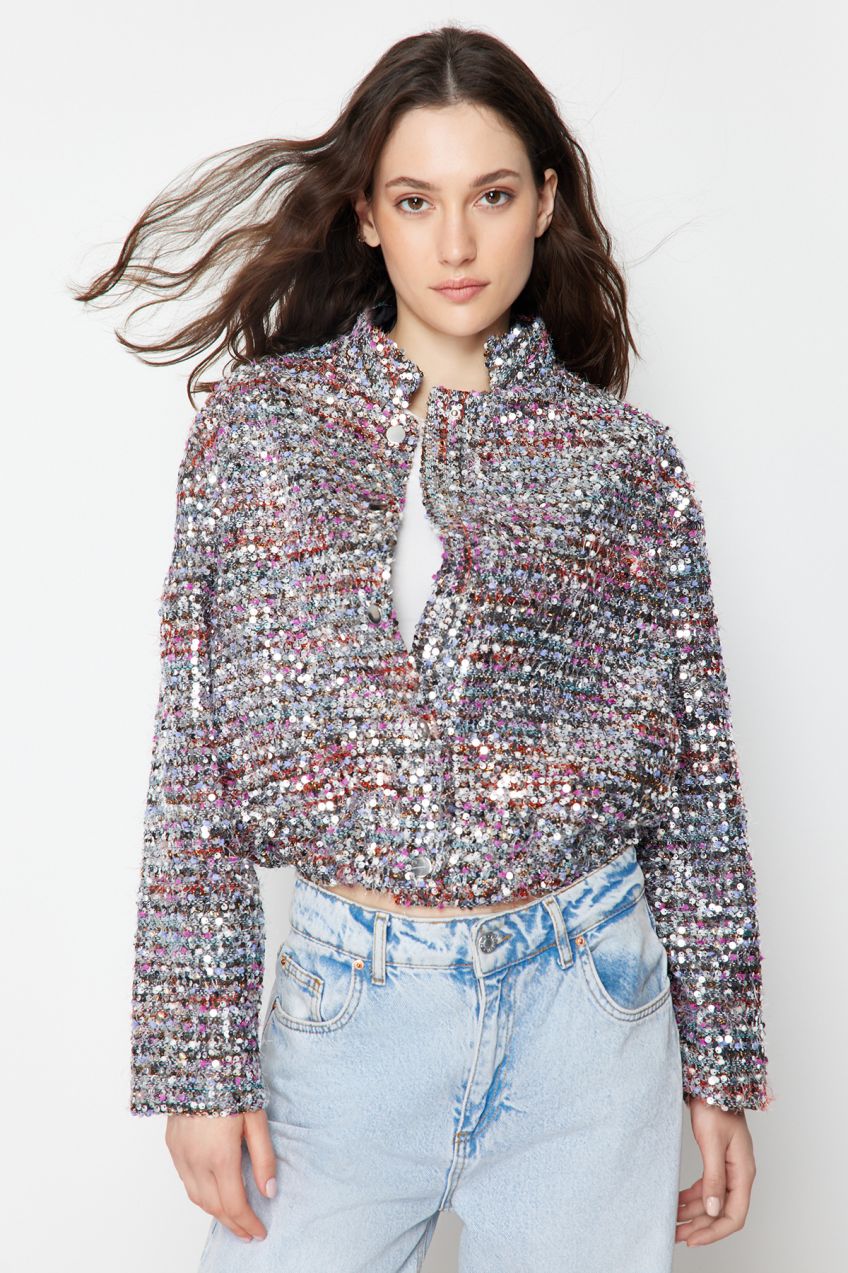 Trendyol Multicolored Oversize Pattern Sequined Thin Bomber Jacket