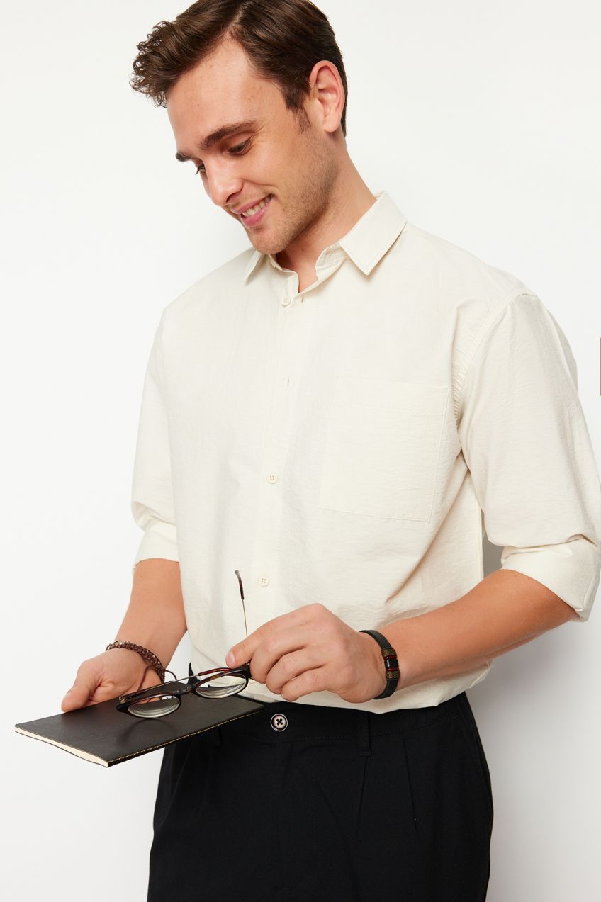 Trendyol Ecru Oversize Fit Textured Fabric Shirt