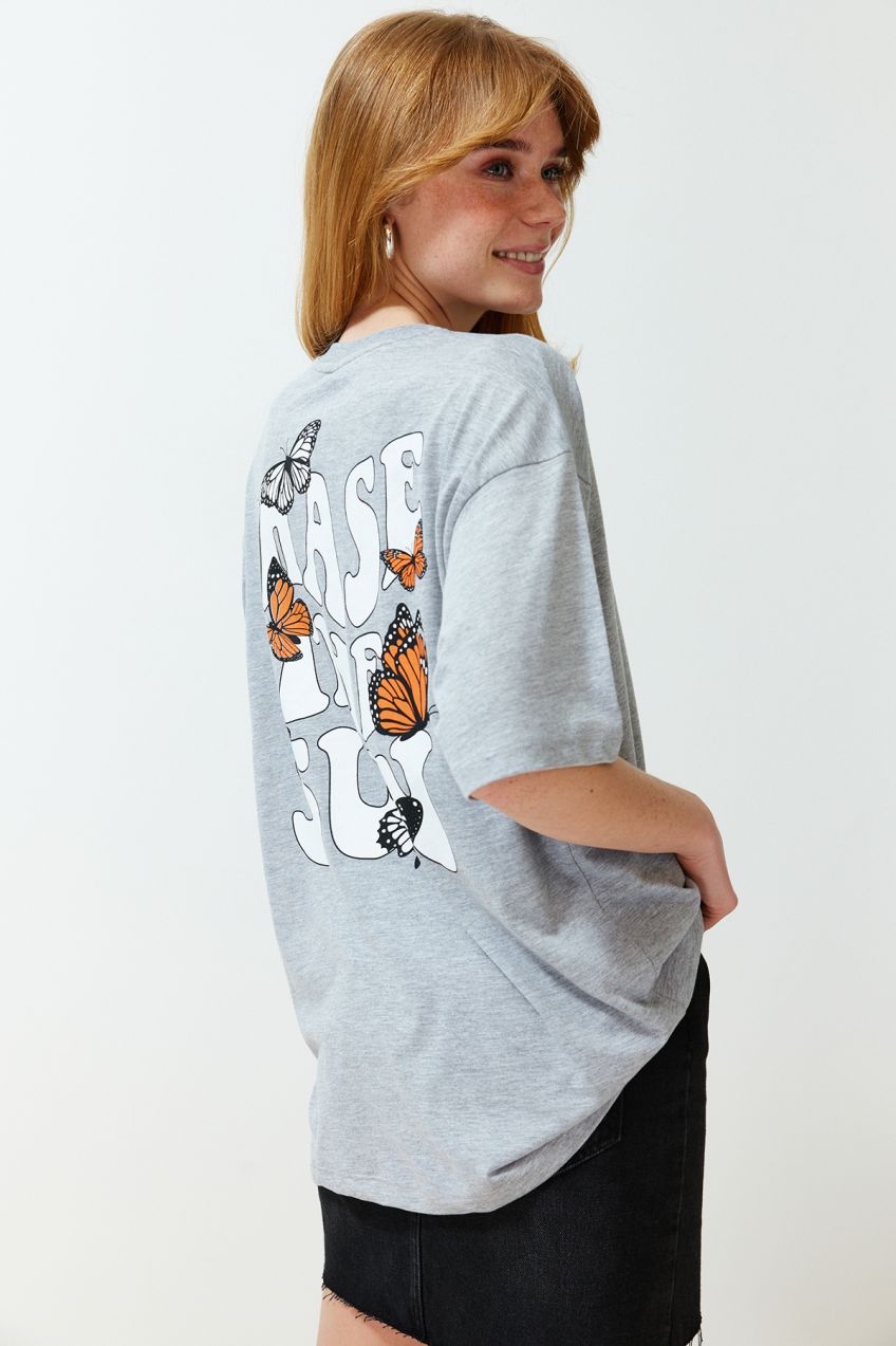 Trendyol Gray Melange Front and Back Printed Oversize/Wide Fit Crew Neck Knitted T-Shirt