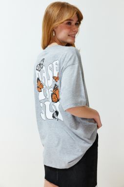 Trendyol Gray Melange Front and Back Printed Oversize/Wide Fit Crew Neck Knitted T-Shirt