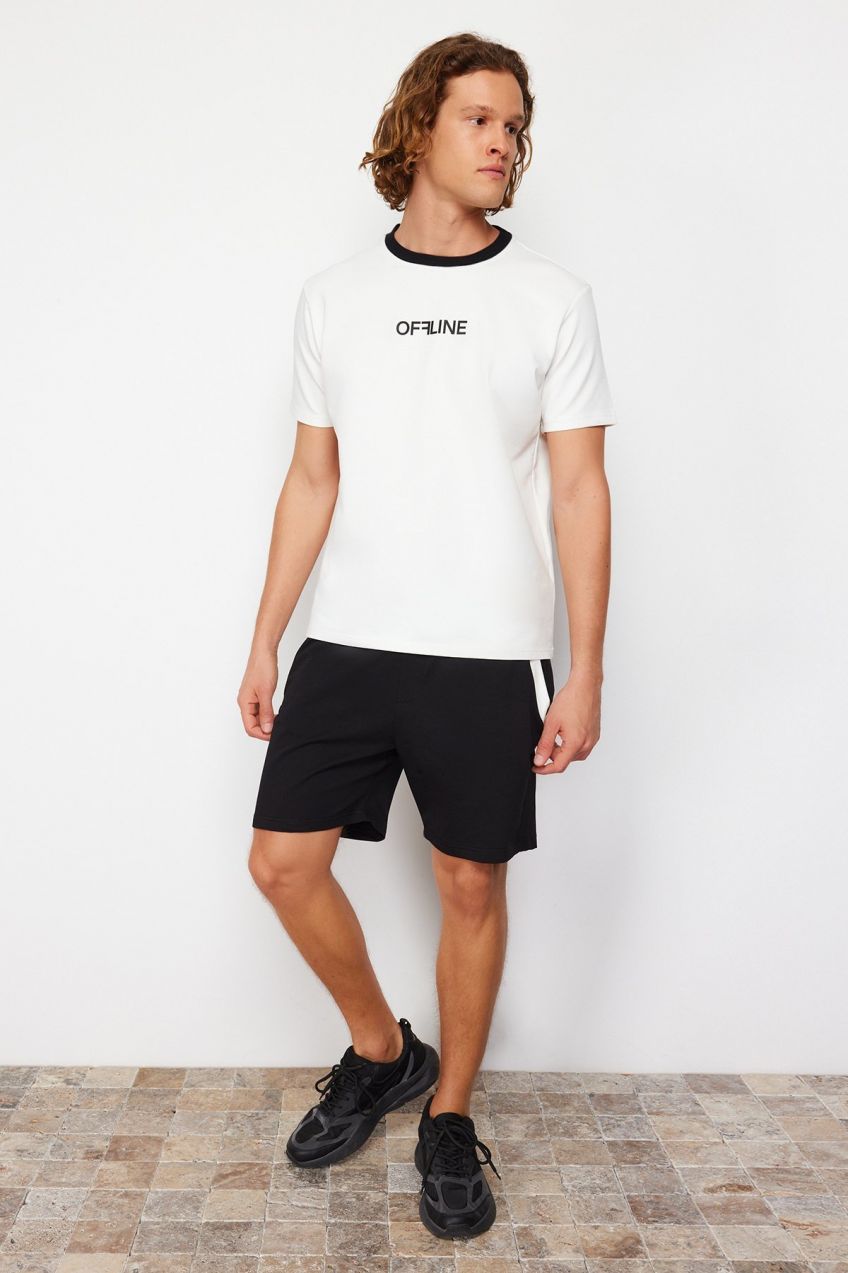 Trendyol Ecru-Black Regular/Normal Cut Raised Text Print T-Shirt-Shorts Tracksuit Set