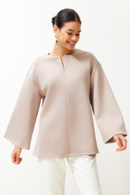 Trendyol Beige Oversize Zipper Detailed Diver/Scuba Stylish Knitted Sweatshirt