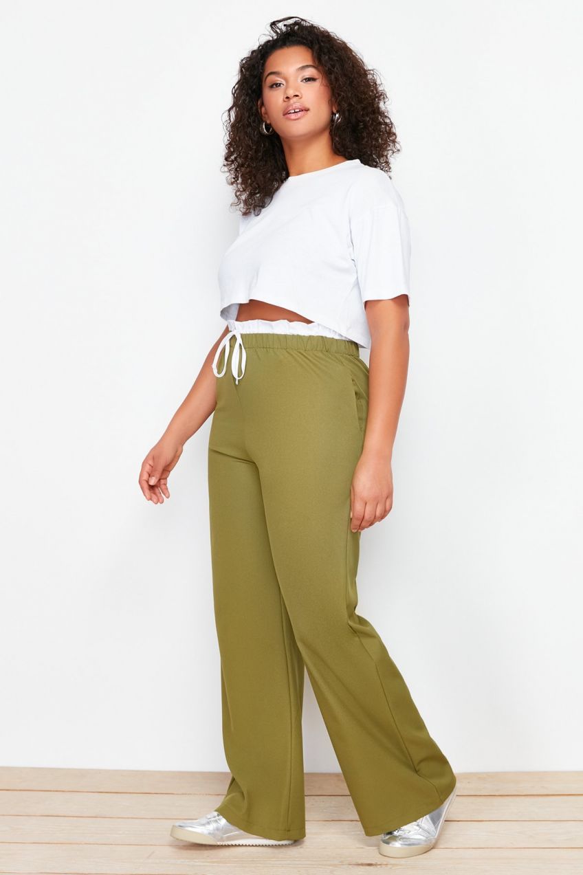 Trendyol Curve Khaki Stretch Waisted Wide Leg / Wide Cut Woven Fabric Trousers