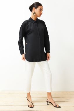 Trendyol Black Button Accessory Detailed Cotton Woven Shirt