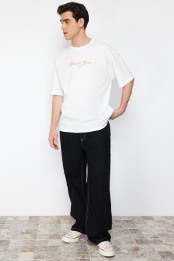 Trendyol Ecru Oversize/Wide Cut Text-Landscape Printed Short Sleeve 100% Cotton T-Shirt