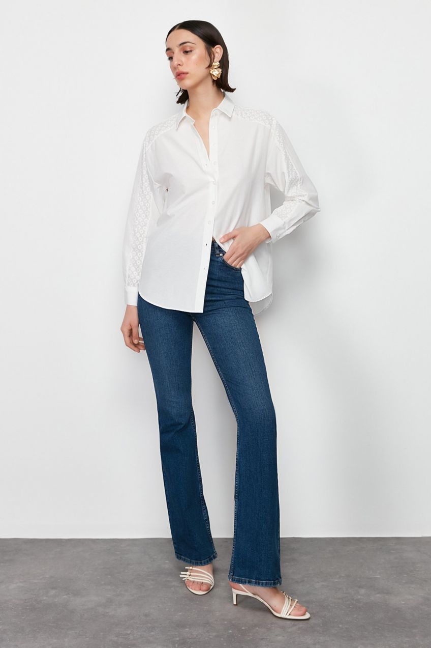 Trendyol Ecru Lace Detailed Oversize/Wide Fit Woven Shirt