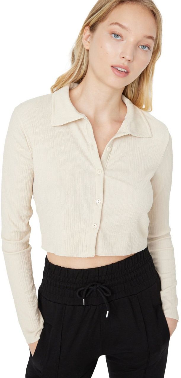 Trendyol stone vypasovaná na gombíky/umiestnená polo krk krep/textúrovaná crop pletená blúzka