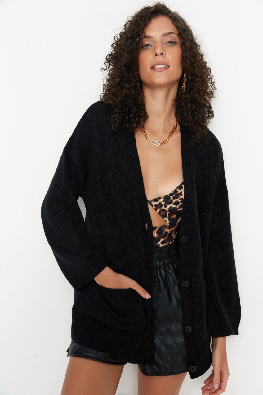 Trendyol Black Wide Fit Midi Basic pletený kardigán