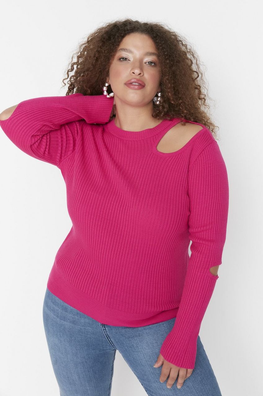 Trendyol Curve Fuchsia vystrihol detailný tenký pletený sveter crewneck