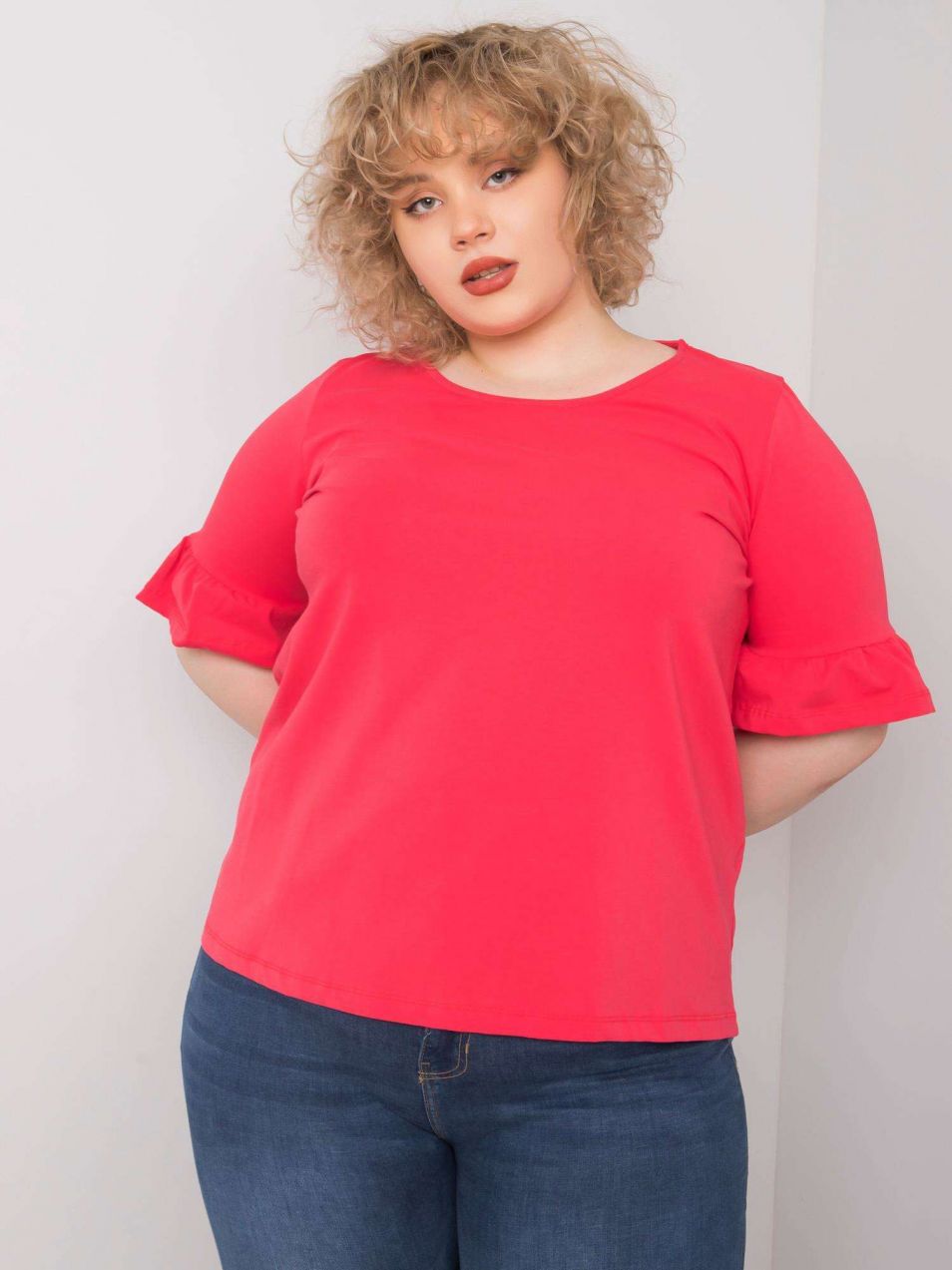 Coral blouse plus sizes with decorative sleeves
