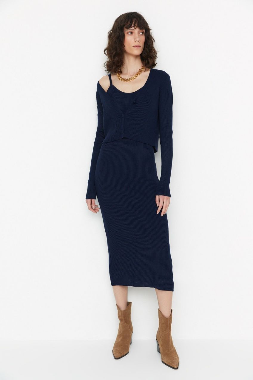 Trendyol Navy Blue Navy Blue Midi úplet Cardigan Dress Suit