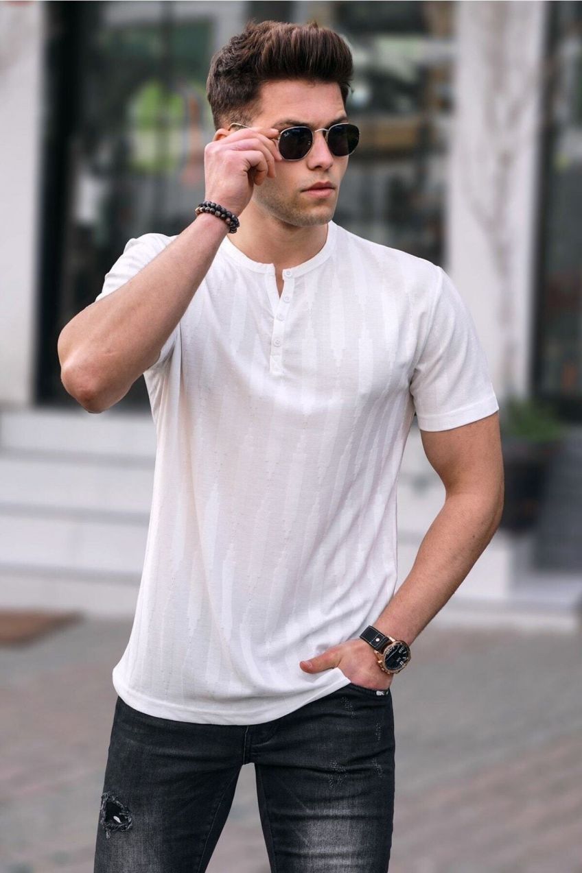 Madmext Men's White Buttoned T-Shirt 5831