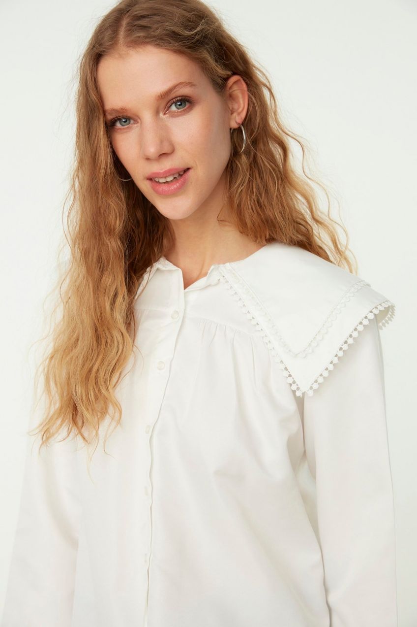 Trendyol Ecru Collar Woven Shirt with Pompom Detail