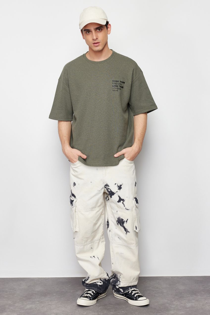 Trendyol Khaki Oversize/Wide Cut Embossed Text Printed Labeled Textured Waffle T-Shirt