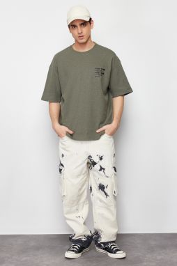 Trendyol Khaki Oversize/Wide Cut Embossed Text Printed Labeled Textured Waffle T-Shirt