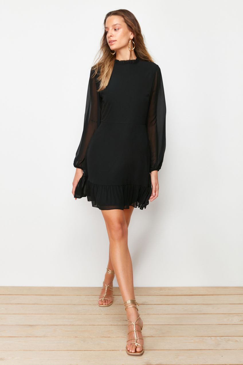 Trendyol Black A-Line Ruffle Detail High Neck Mini Lined Chiffon Woven Dress