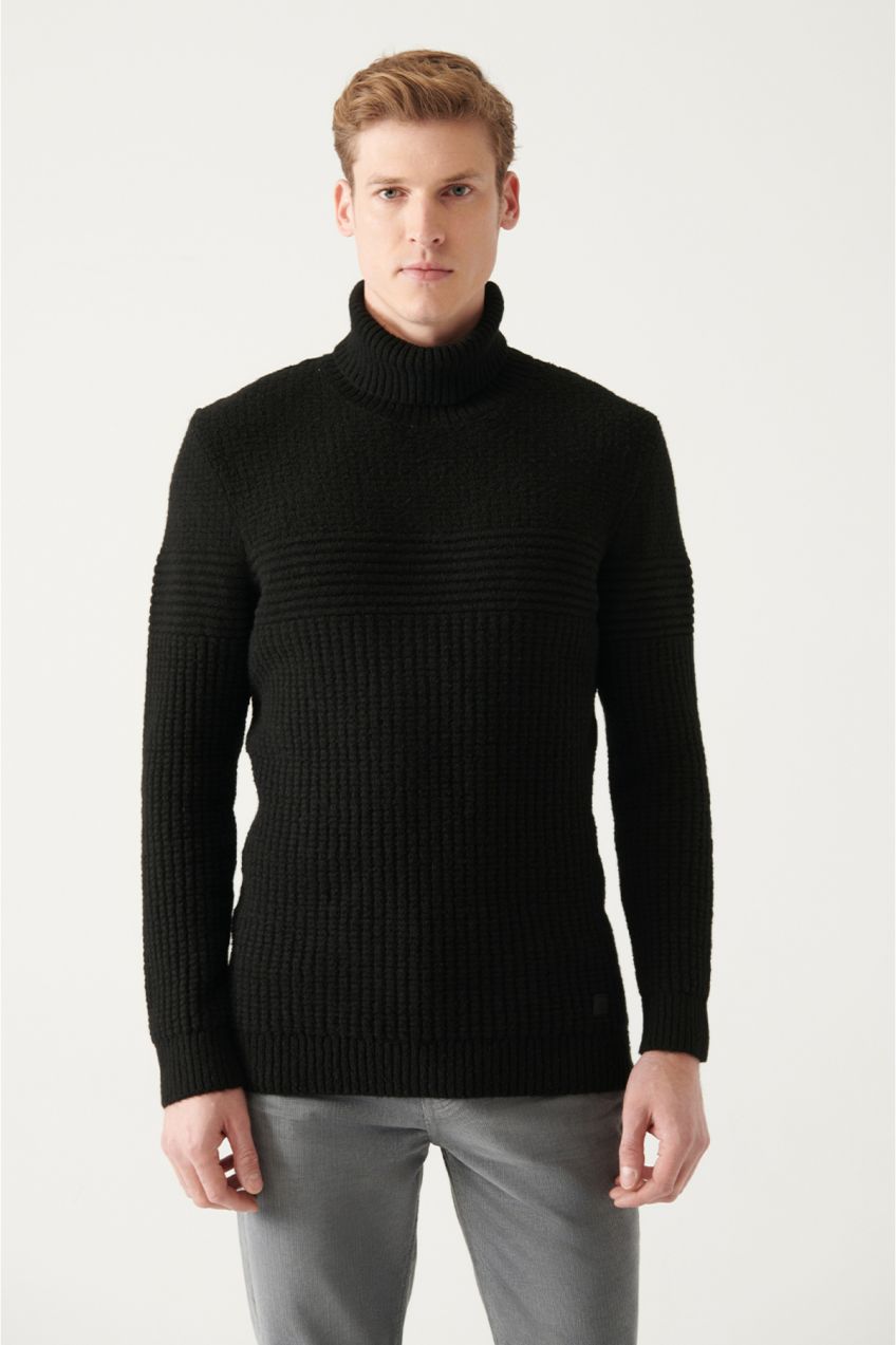 Avva Men's Black Full Turtleneck Textured Regular Fit Knitwear Sweater