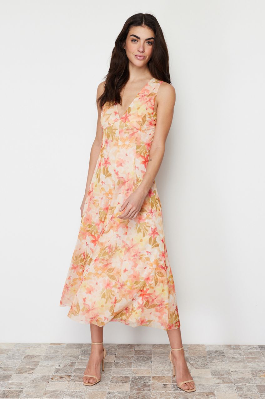 Trendyol Multicolored Floral Floral Printed V-Neck Tulle Stretchy Knitted Dress